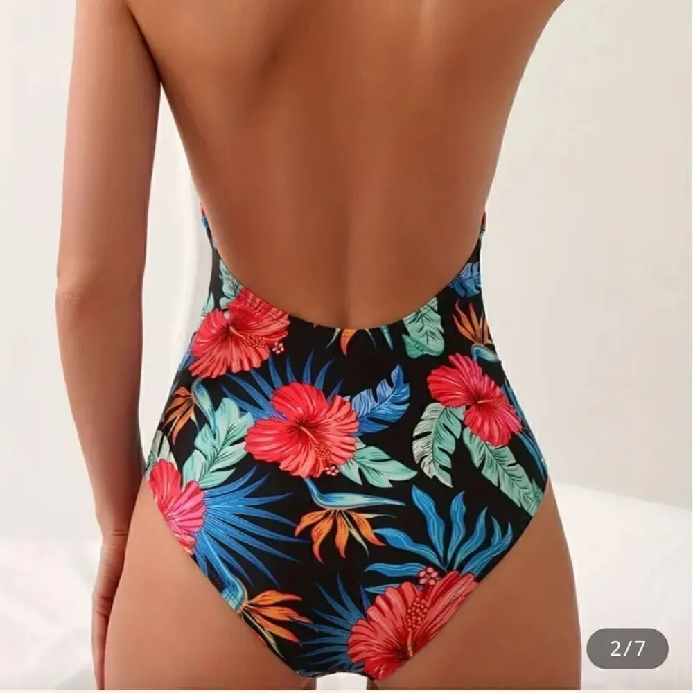 Women's Floral Print Cut Out Halter Swimsuit  Ruched Tie Neck Backless, Sz XL
